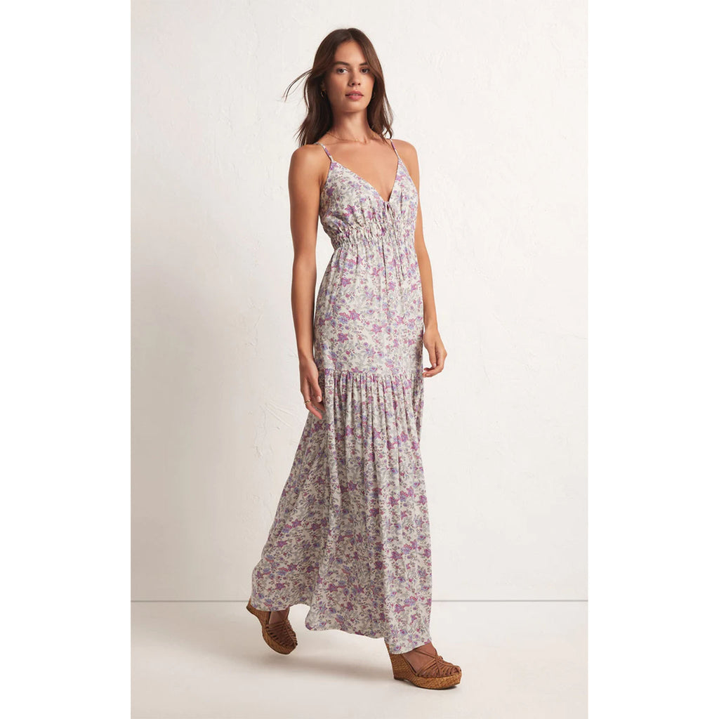 Model wearing Z Supply Lisbon Floral Maxi Dress in Sandstone in front of a white backdrop 