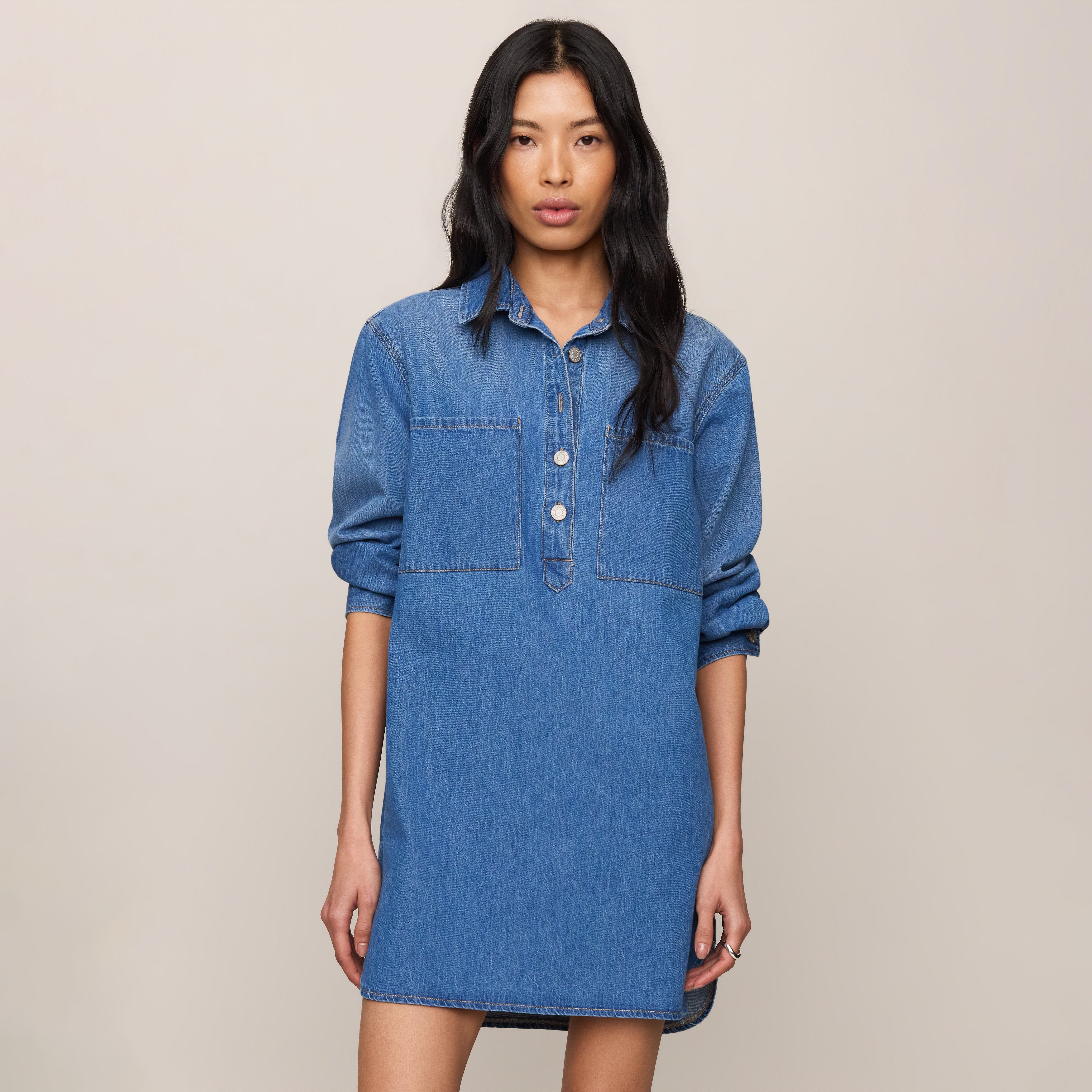 Z Supply Lucie Denim Shirt Dress in Dreamstate shown on model on plain background.