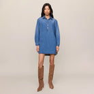 Z Supply Lucie Denim Shirt Dress in Dreamstate shown on model on plain background.