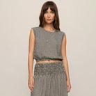 Z Supply Merit Gingham Top in Black shown on model on plain background.