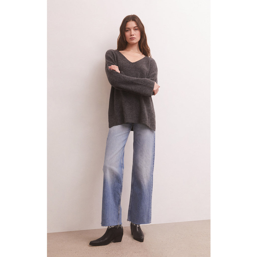 Z Supply Modern Sweater in Heather on model with wide leg blue jeans and black boots