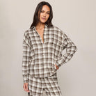 Z Supply River Plaid Button Up in Cocoa Bean shown on model on plain background.
