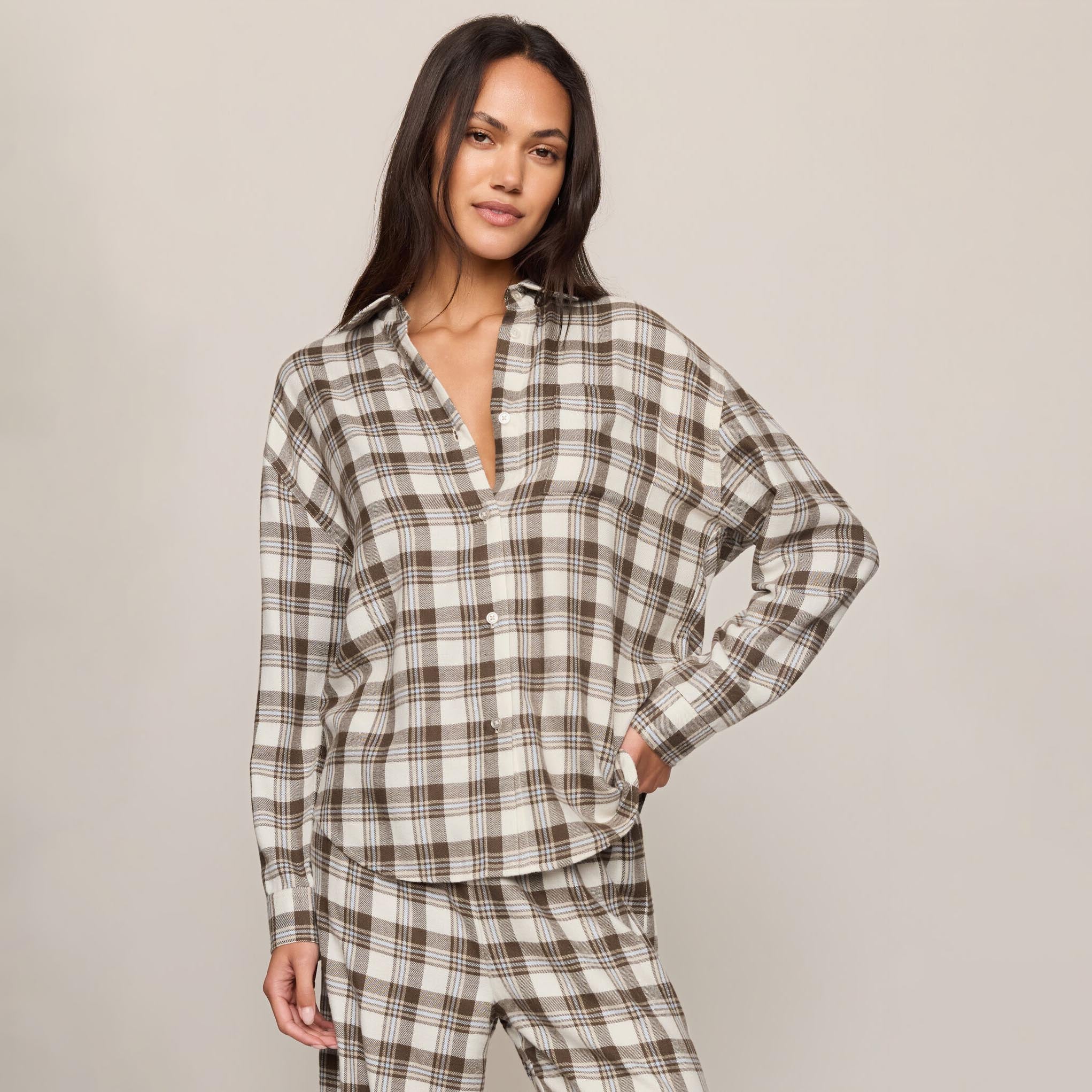 Z Supply River Plaid Button Up in Cocoa Bean shown on model on plain background.