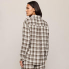 Z Supply River Plaid Button Up in Cocoa Bean shown on model on plain background.