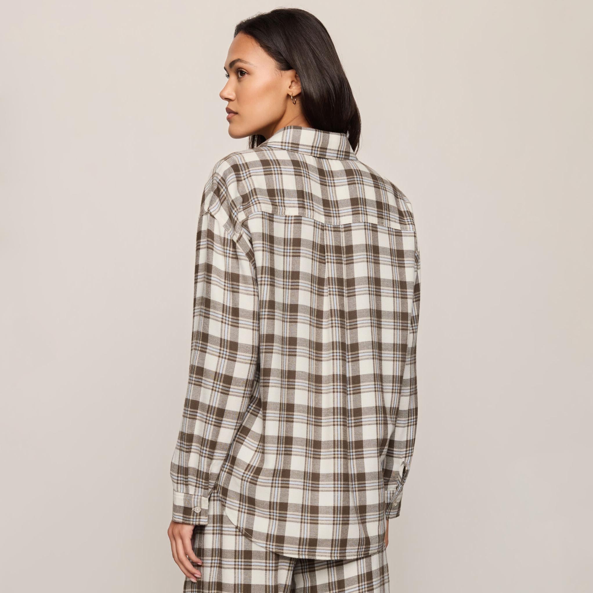 Z Supply River Plaid Button Up in Cocoa Bean shown on model on plain background.