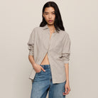 Z Supply River Plaid Button Up in Frosted Pearl shown on model on plain background.