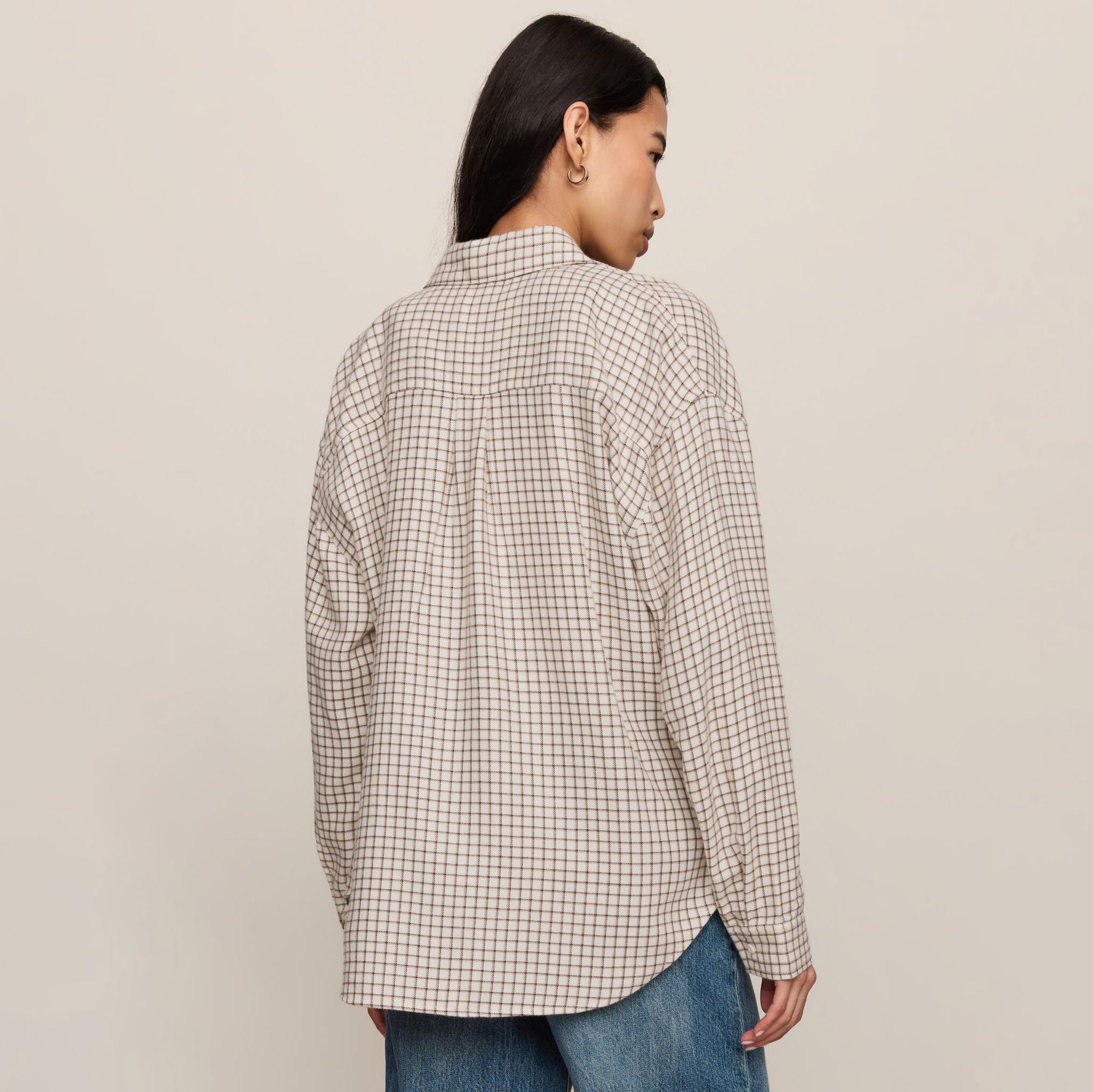 Z Supply River Plaid Button Up in Frosted Pearl shown on model on plain background.