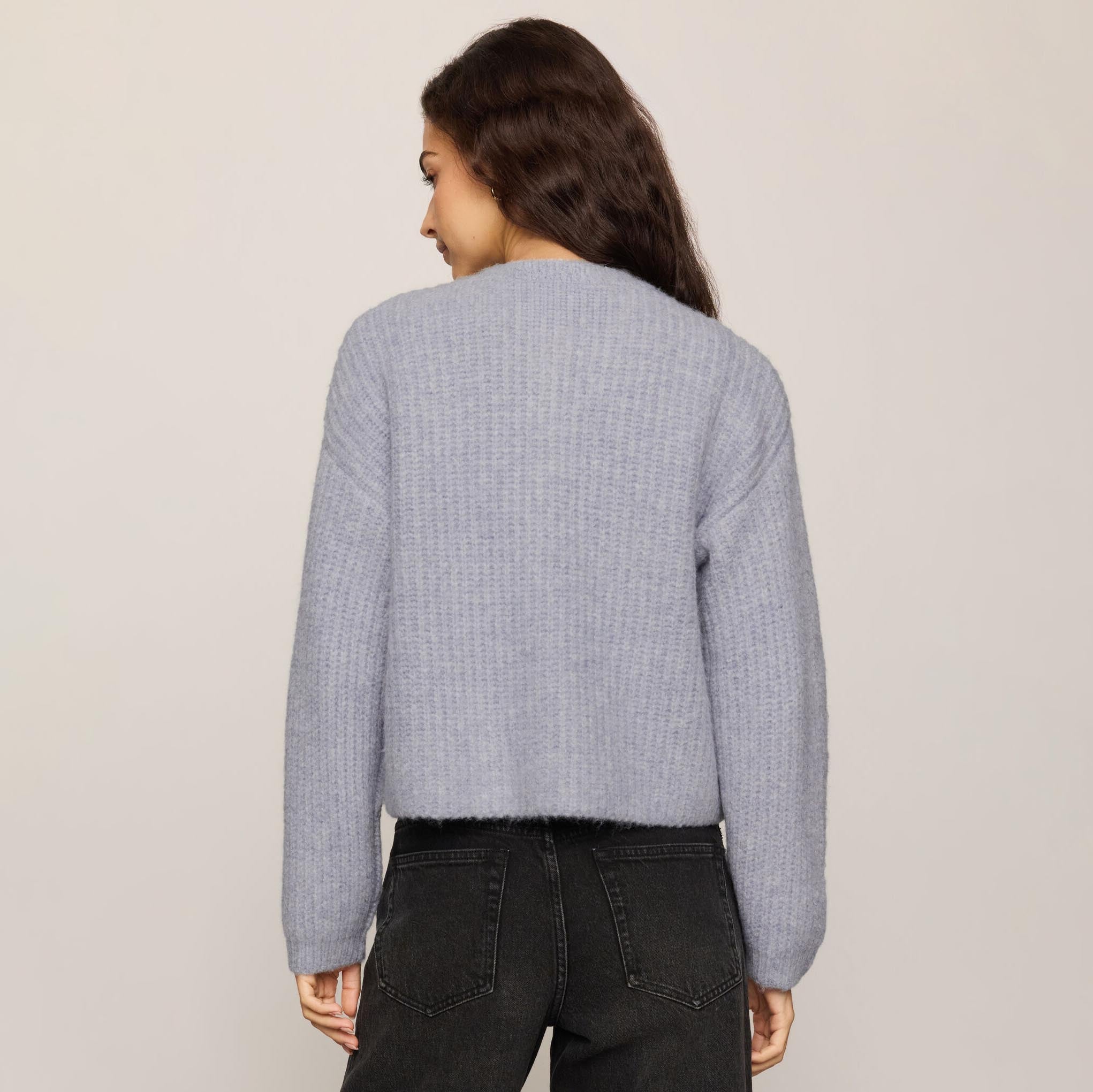 Z Supply Rosemont Cardigan in Silverlake shown on model on plain background.