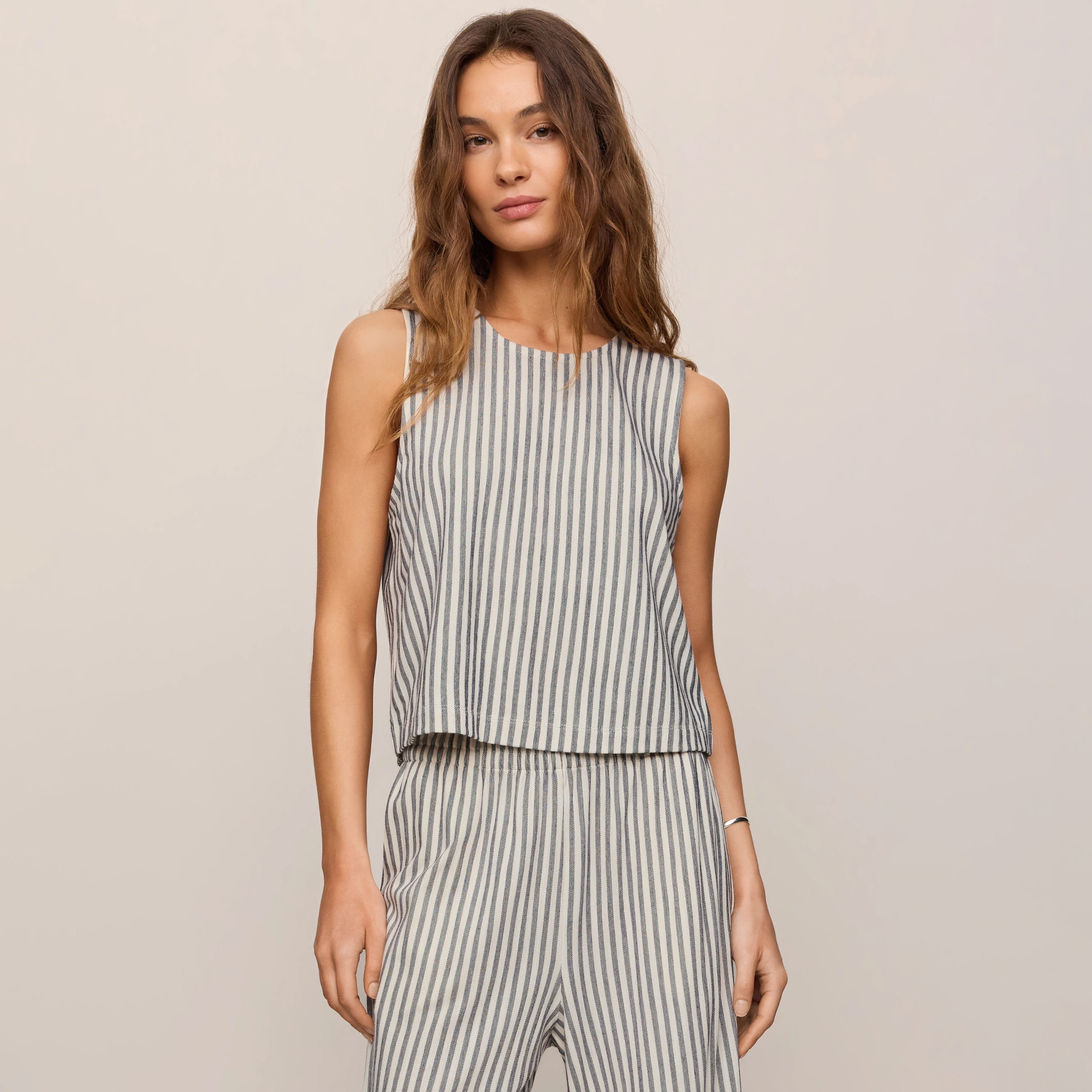 Z Supply Sloane Knit Striped Top in Eclipse shown on model on plain background.