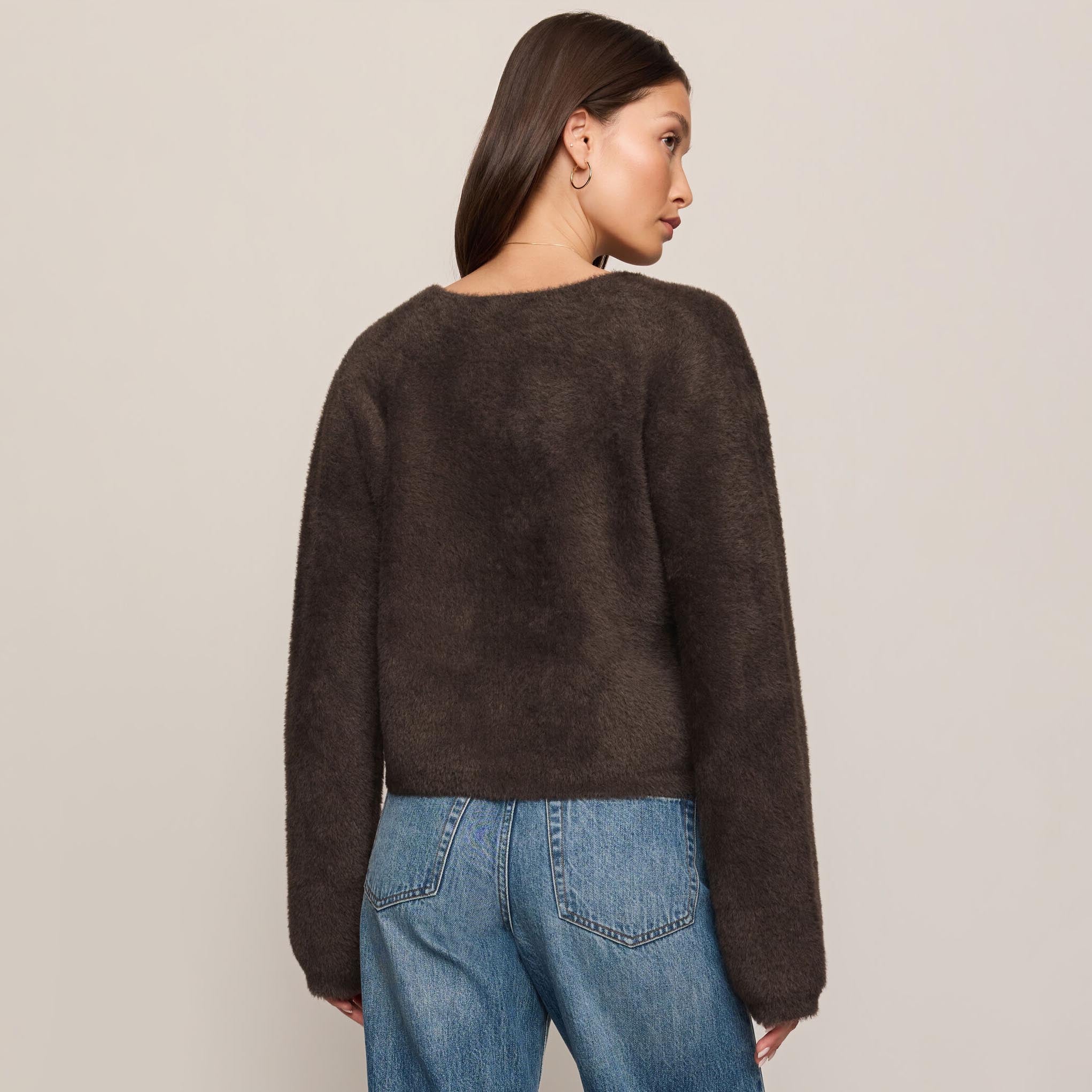 Z Supply Winterglow Fluffy Cardigan in Cocoa Bean shown on model on plain background.