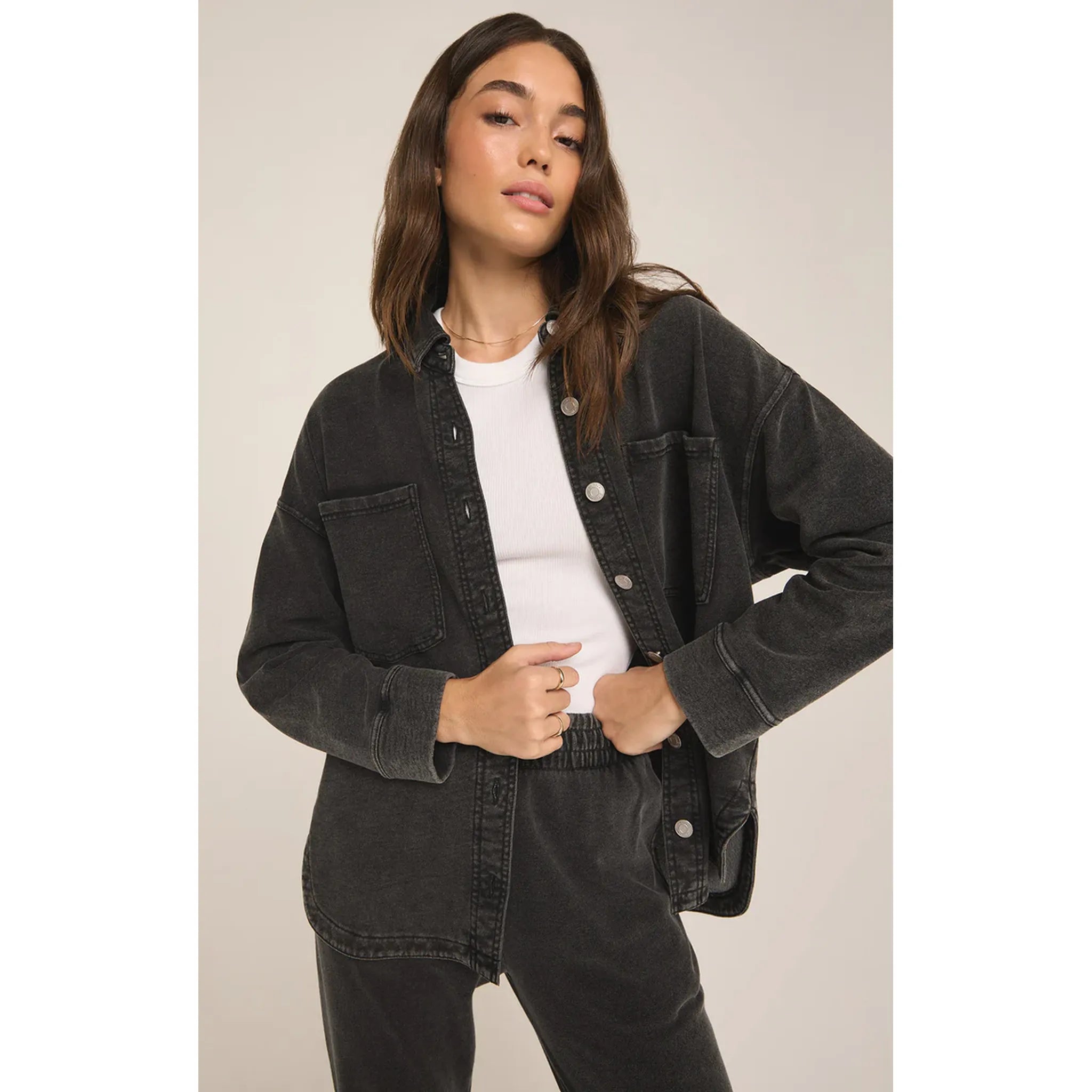 Z Supply All Day Knit Denim Jacket in Vintage Black Addison West