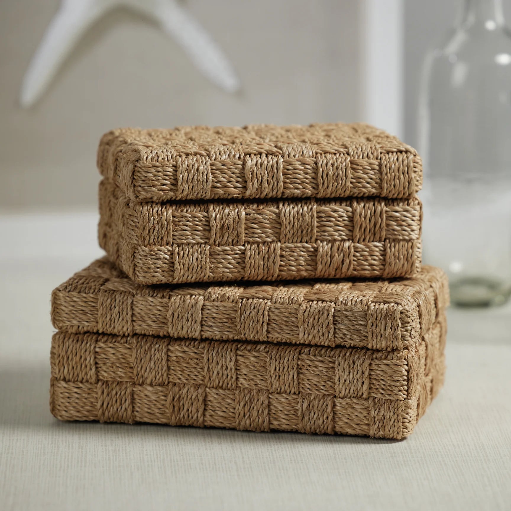 Large Natural Abaca Rope Hinged Box on a white background at Addison West