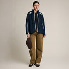 Contrast Trim Sherpa Zip-Up Jacket in Navy on a model at Addison West