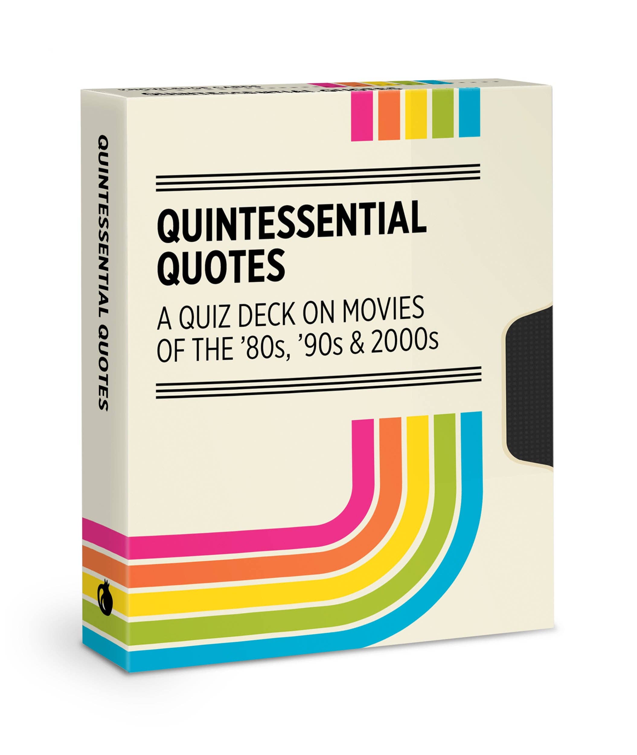 Box of 'Quintessential Quotes' quiz deck on movies from the '80s, '90s & 2000s with colorful design.