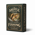 Shuffle club field series fishing playing cards in a dark green box on a white background
