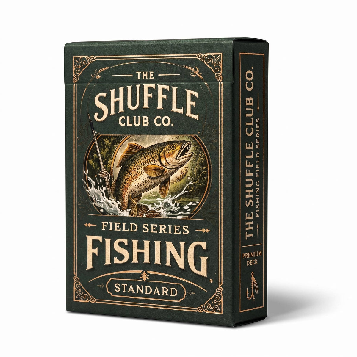 Shuffle club field series fishing playing cards in a dark green box on a white background