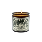 Candle with 'Moss Trail' label on a white background