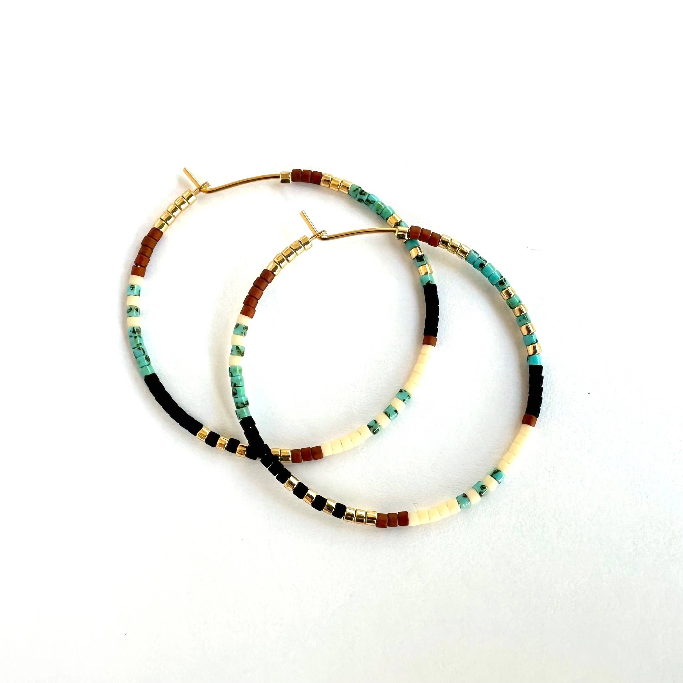 Ocean Breakup Large Beaded Hoop Earrings in Desert on white background at the Addison West.