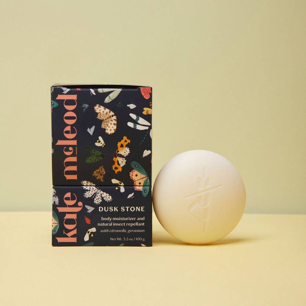 Kate McLeod Dusk Stone Natural Insect Repellant on a yellow background