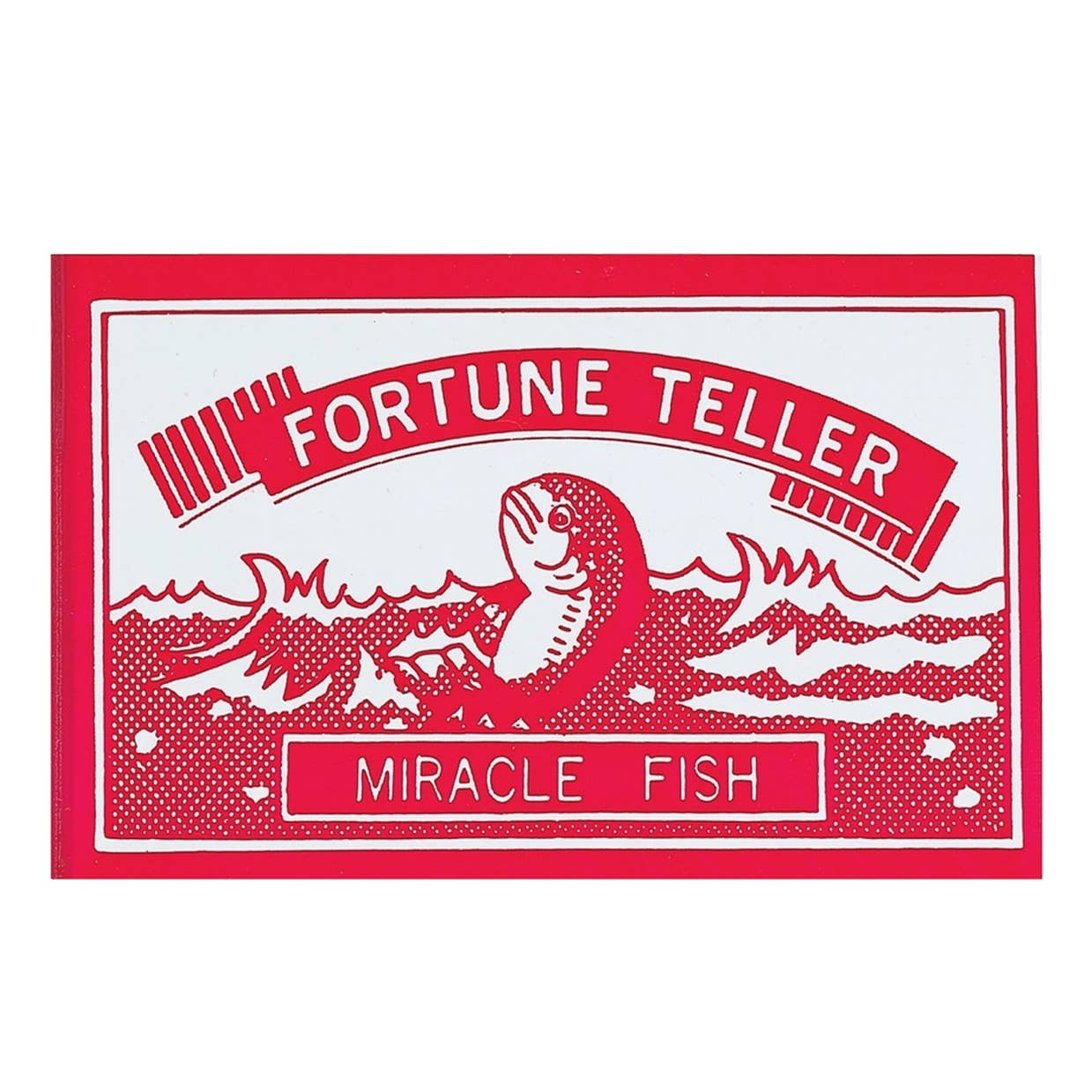Red and white label with a fish illustration and text 'Fortune Teller Miracle Fish' on a white background