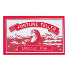 Red and white label with a fish illustration and text 'Fortune Teller Miracle Fish' on a white background