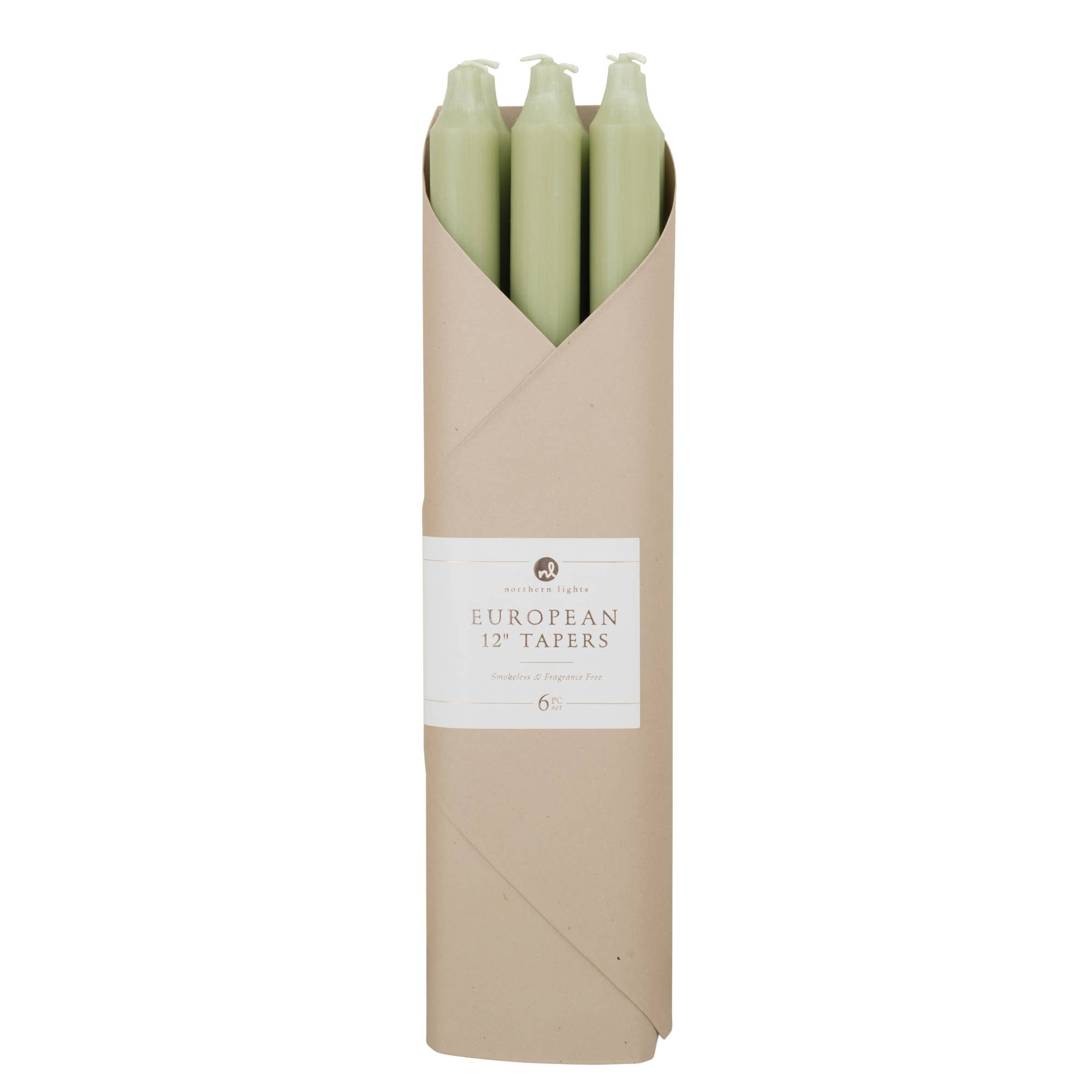 Pack of Northern lights green candles in a beige cardboard box on a white background