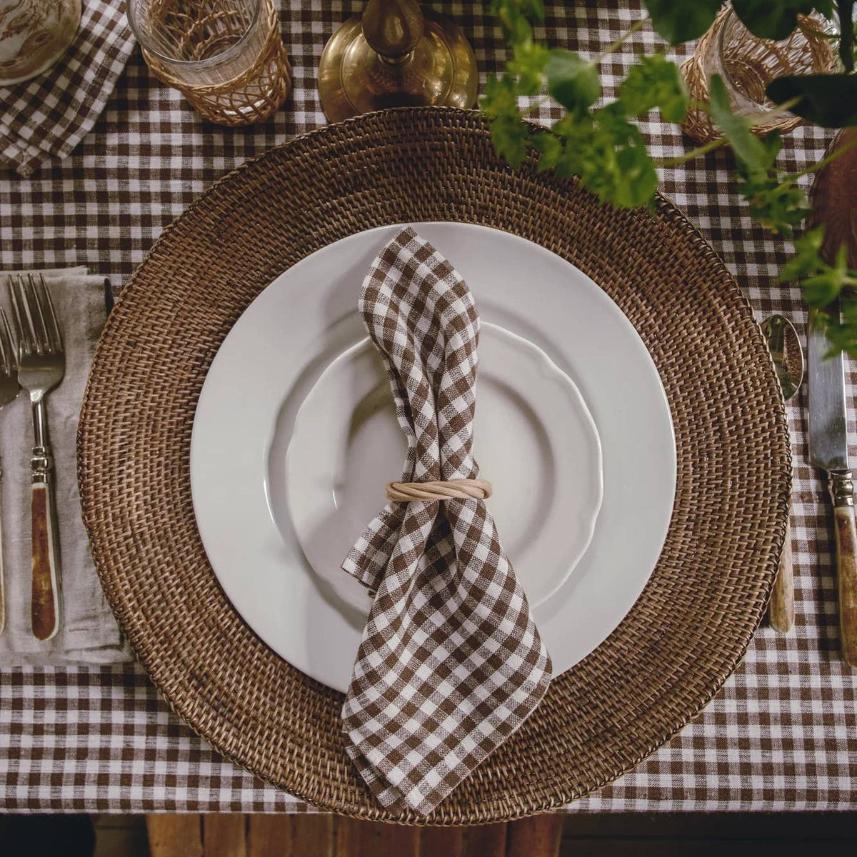 Tobacco Gingham Linen Dinner Napkins, Set of 4 on a table at Addison West