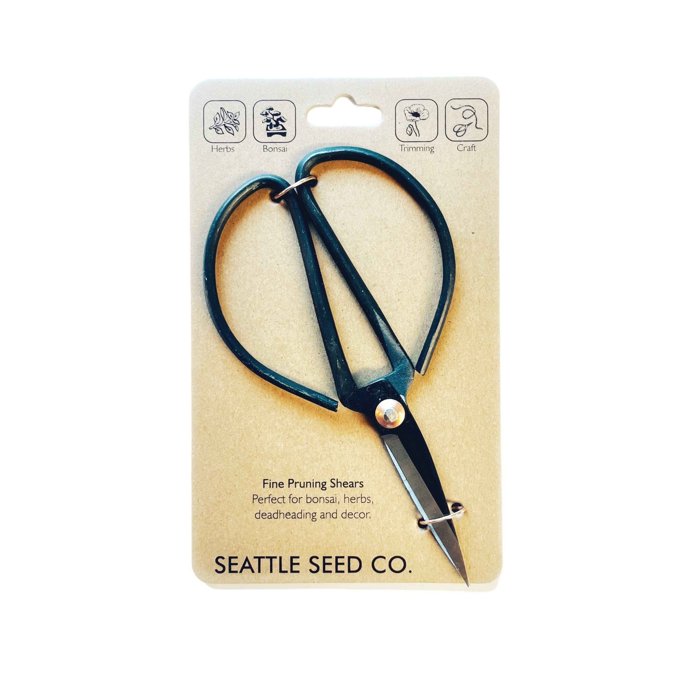 Forged steel pruning shears on a beige background, packaged in a way that suggests retail sale, with branding visible.