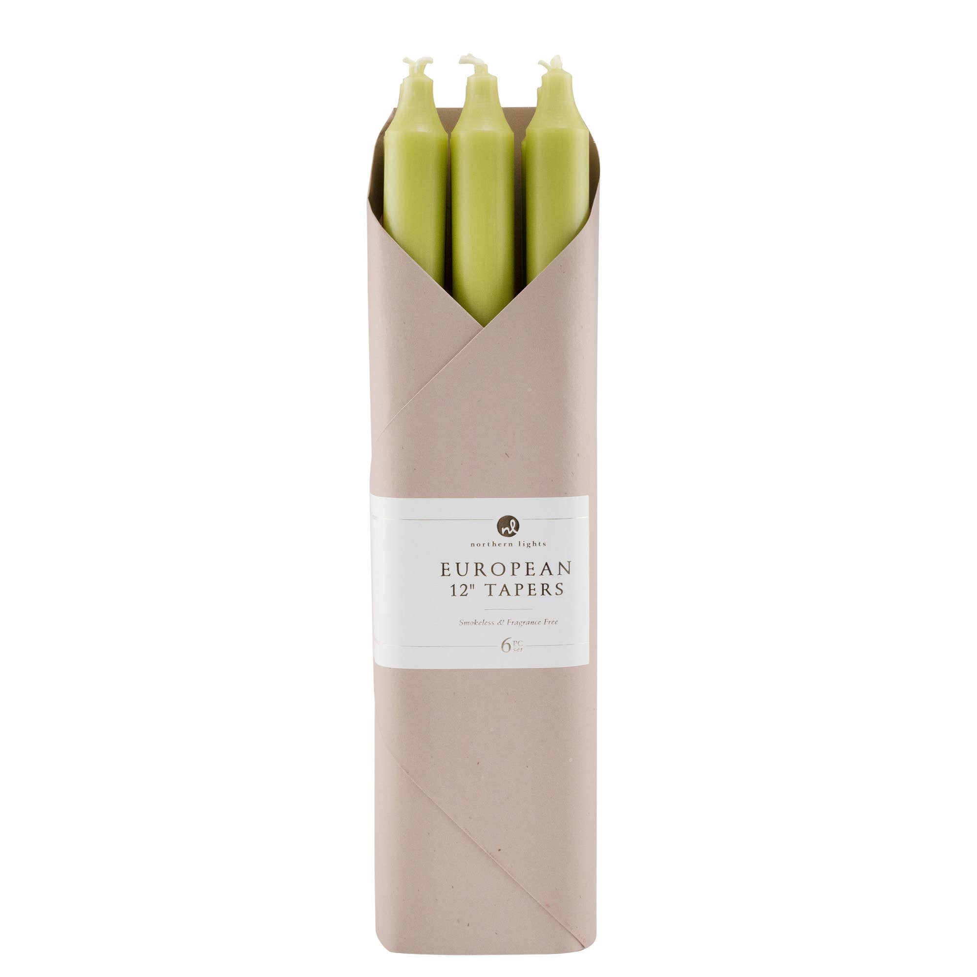 Northern Lights set of six 12" Tapers Candles in new leaf green on a white background