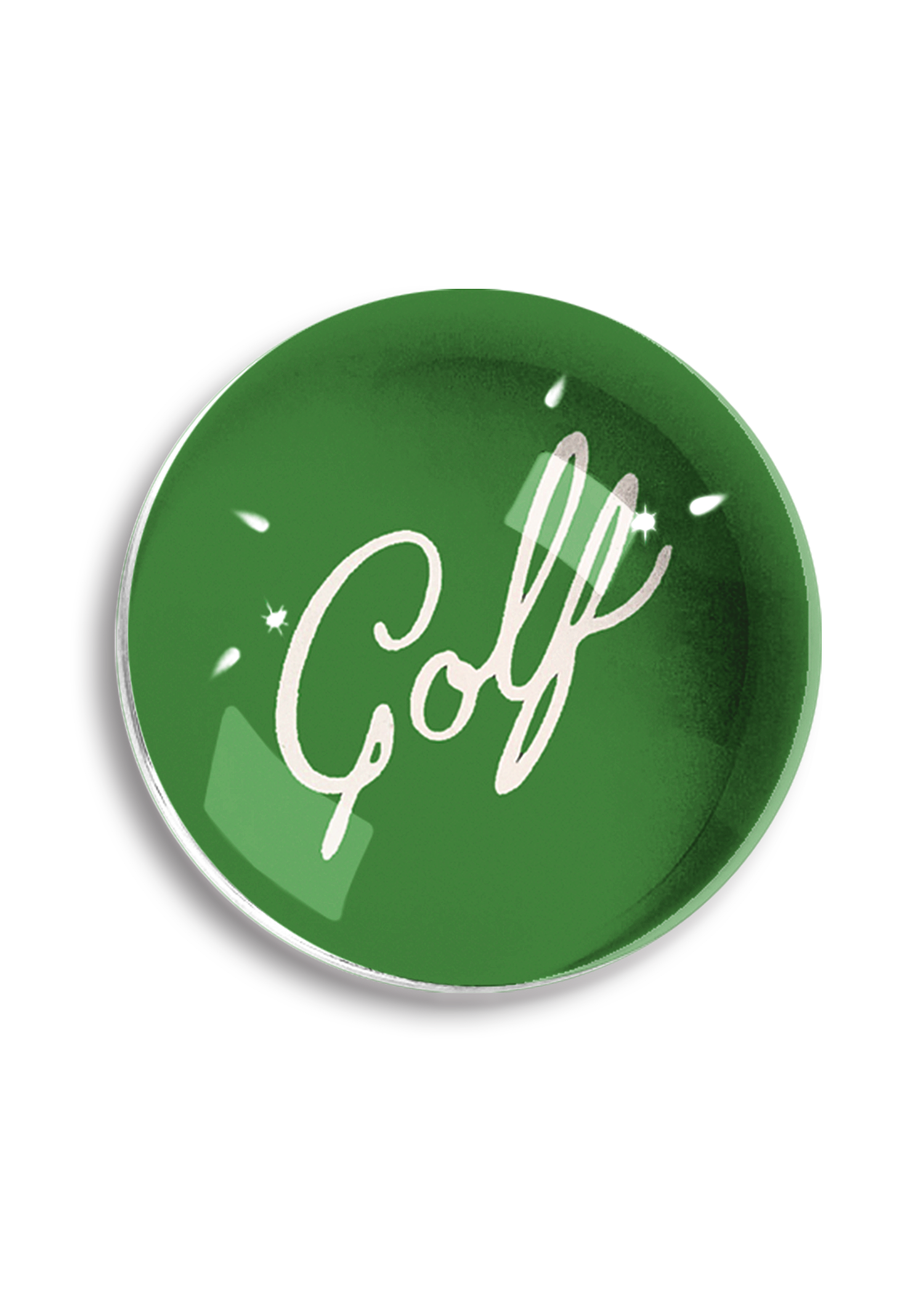Green round paperweight with 'Golf' text on a white background
