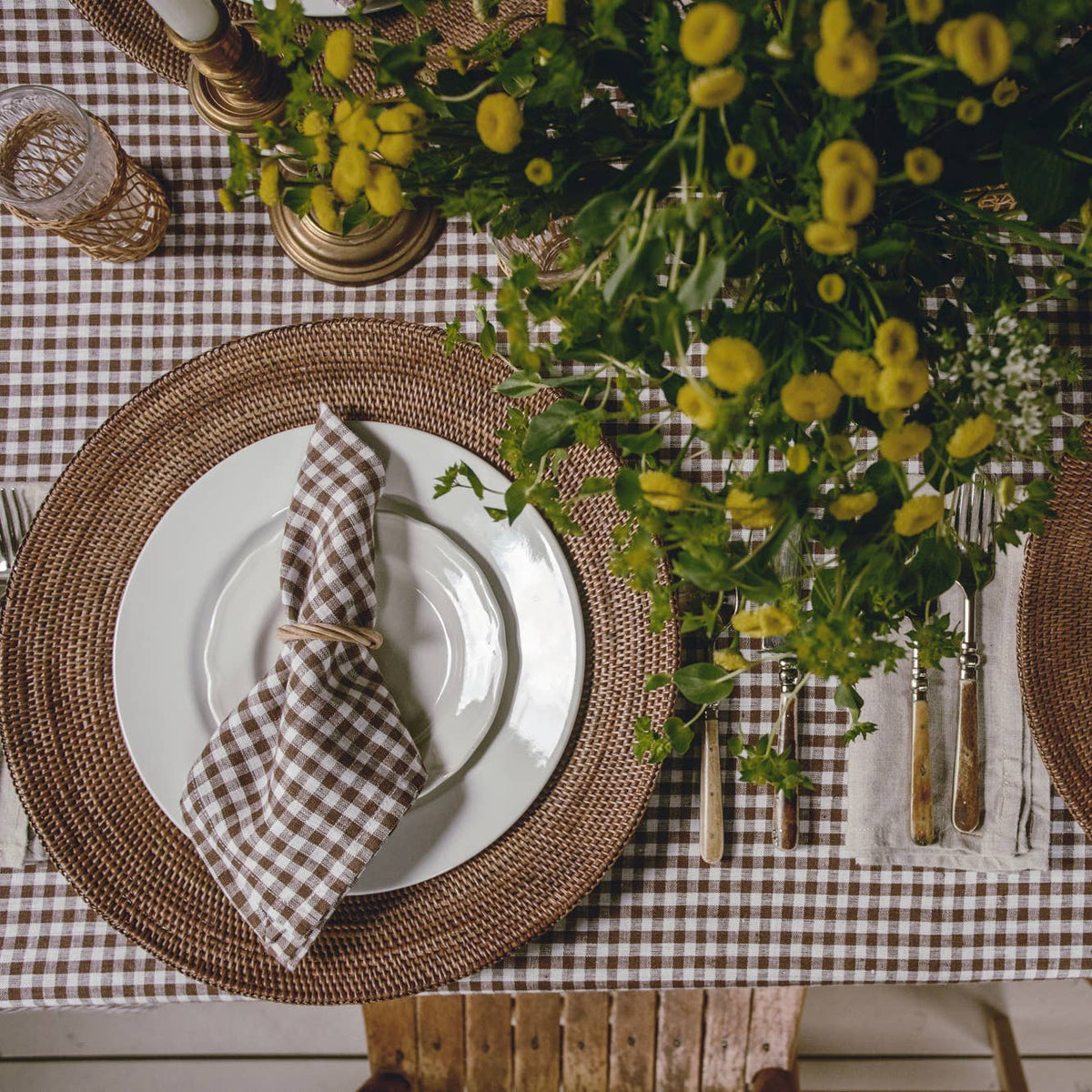 Tobacco Gingham Check Linen Tablecloth, 60" x 90" on a table at Addison West
