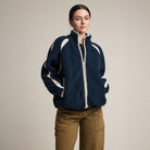 Contrast Trim Sherpa Zip-Up Jacket in Navy on a model at Addison West