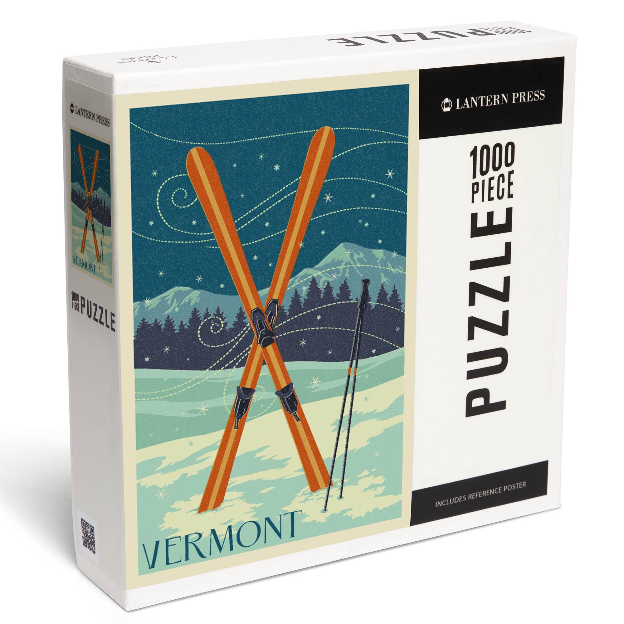 Puzzle box with skis and Vermont text on a scenic background