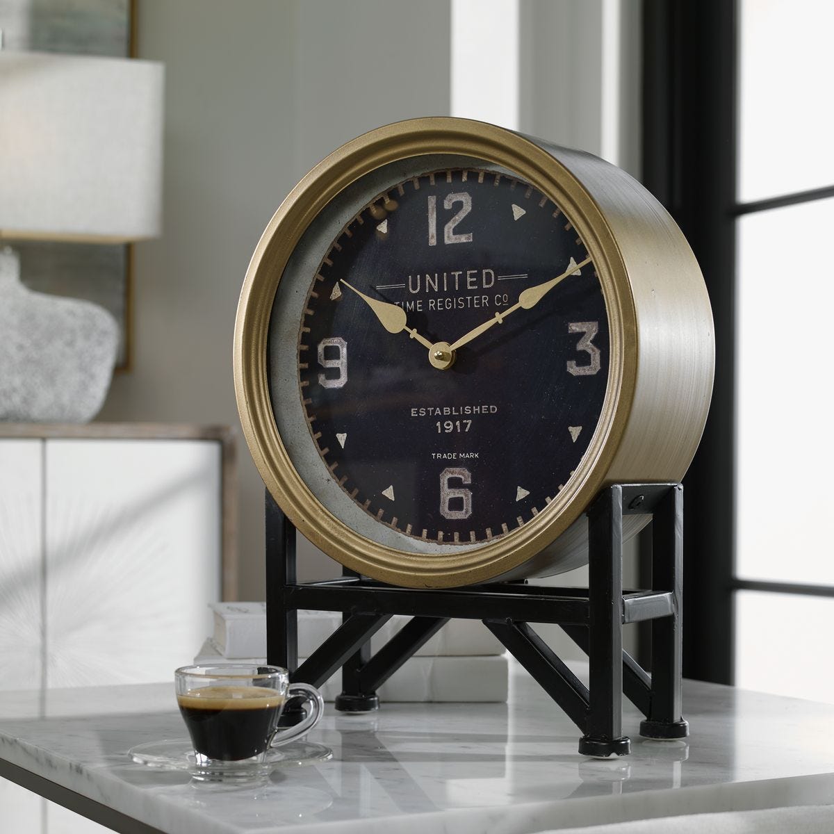 Shyden Clock on a table at Addison West