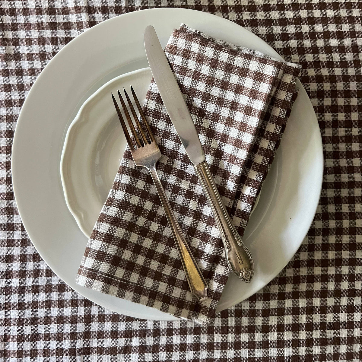 Tobacco Gingham Check Linen Tablecloth, 60" x 90" on a table at Addison West