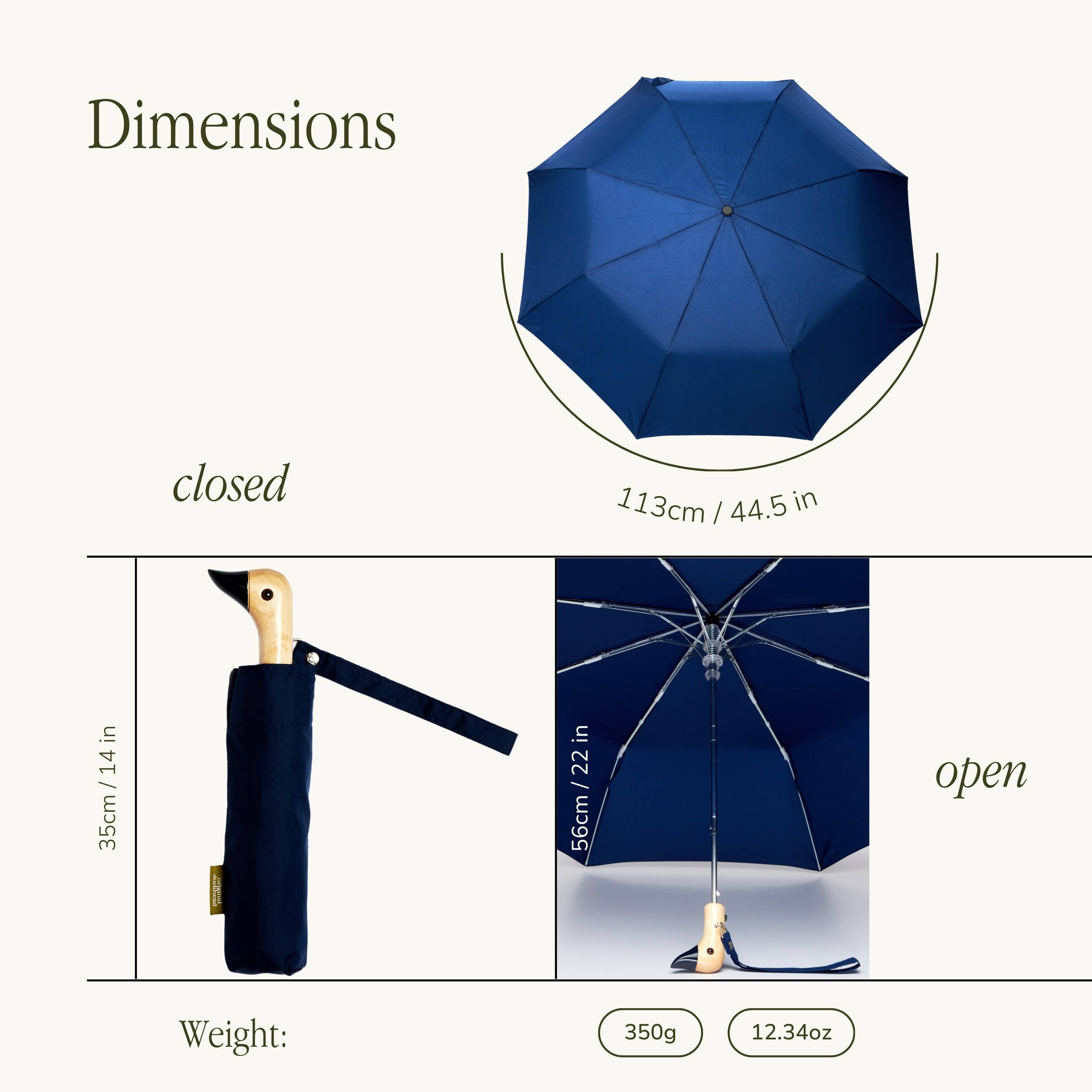 Dimensions of Original Duckhead Navy Eco-Friendly Umbrella on a white background at Addison West