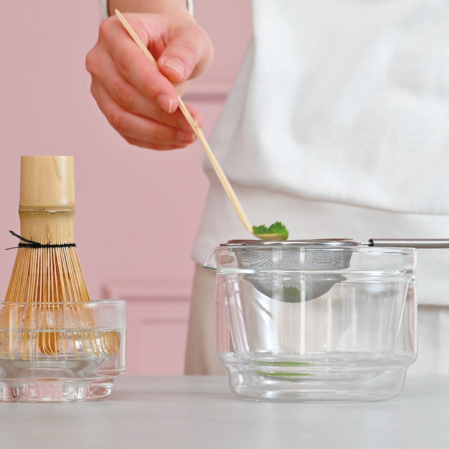 Hario Matcha Tea Gift Set on a pink background at Addison West