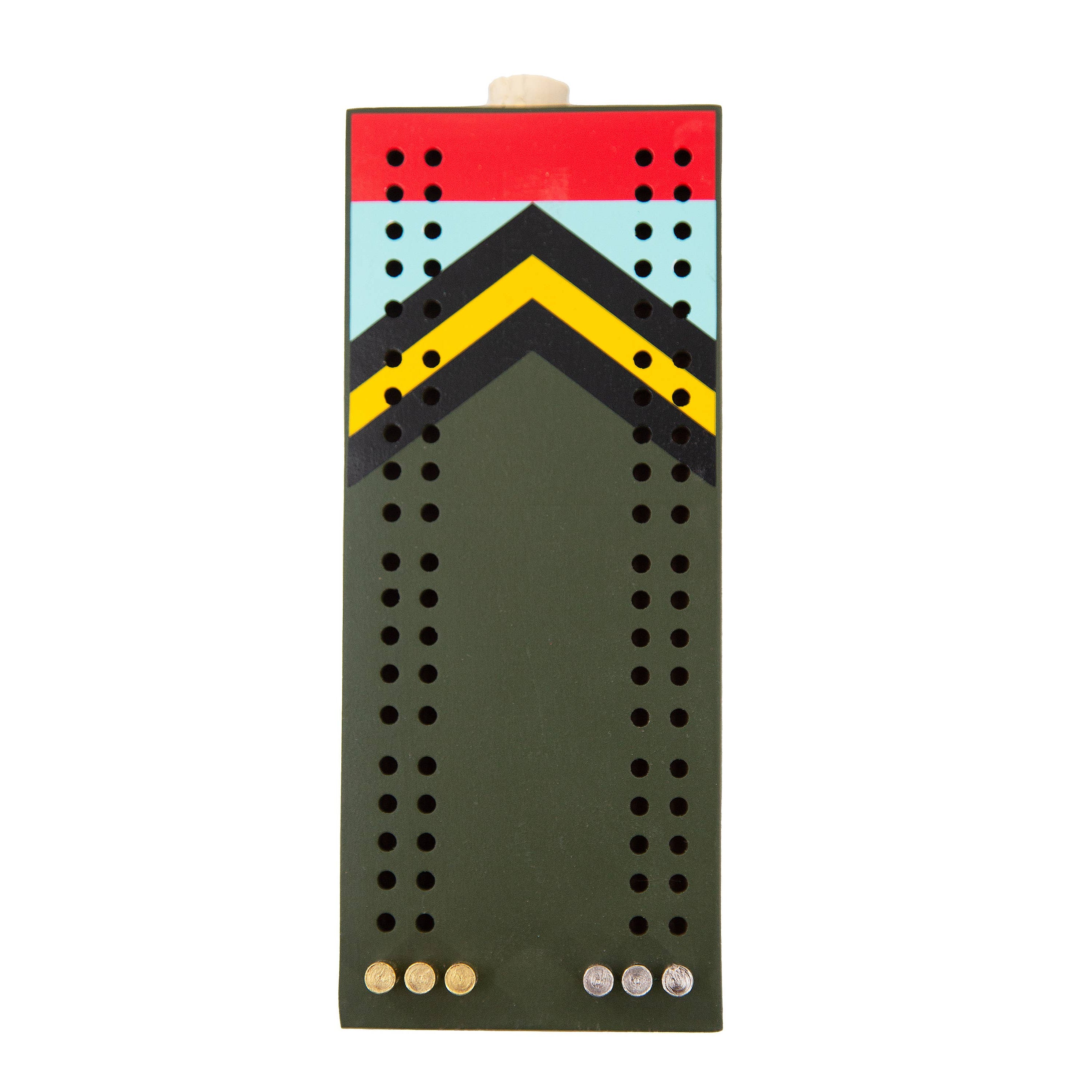 Cribbage board with colorful pegs on a white background