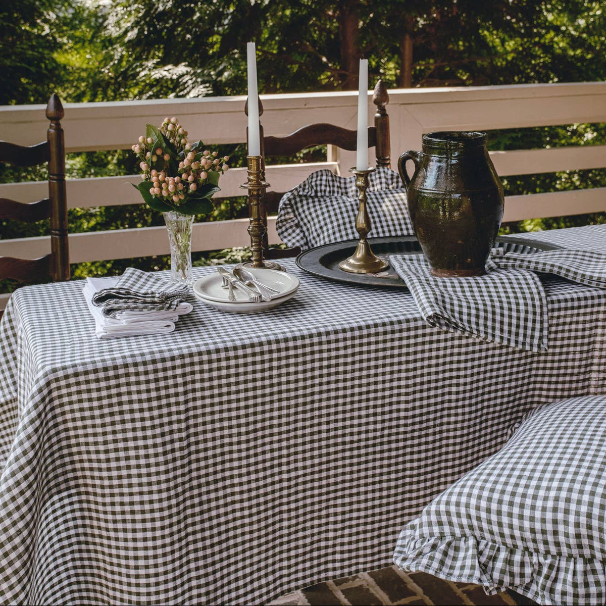 Olive Gingham Check Linen Tablecloth, 60" x 90" on a table at Addison West