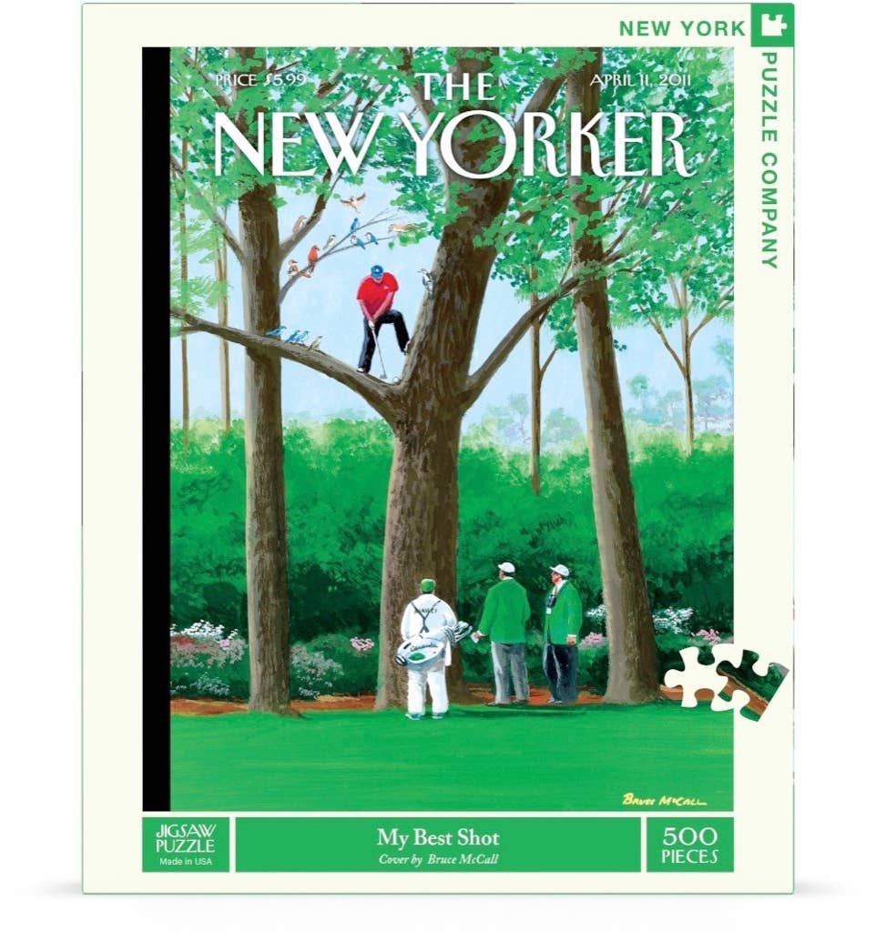 New York Puzzle Company packaging for 'My Best Shot' puzzle featuring a New Yorker cover illustration.