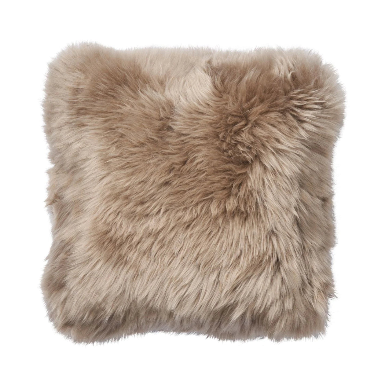Long-Wool Double Sided Sheepskin 22" Cushion in Taupe on a white background at Addison West