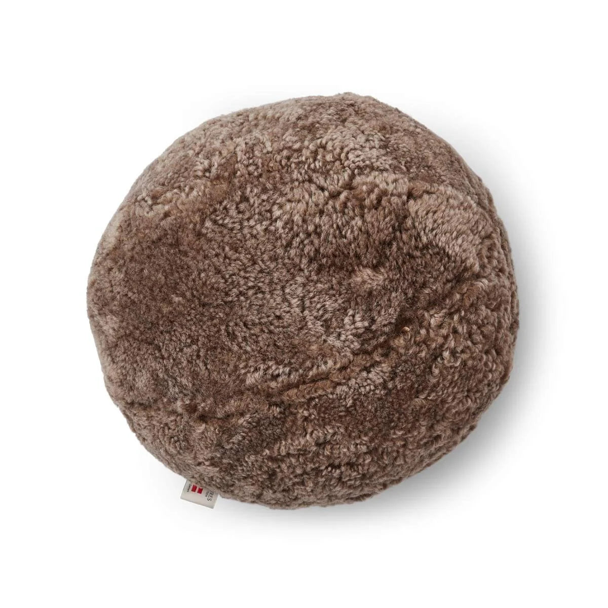 Short Wool Sheepskin Round Throw Pillow in Taupe on a white background at Addison West
