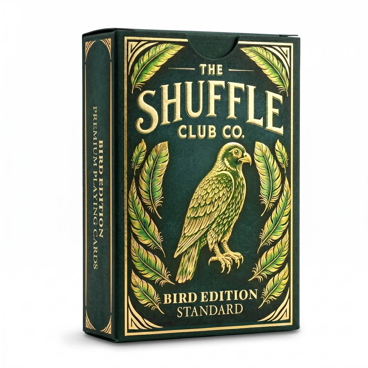 Shuffle club co deck of bird playing cards in a green box with a bird on the front on a white background