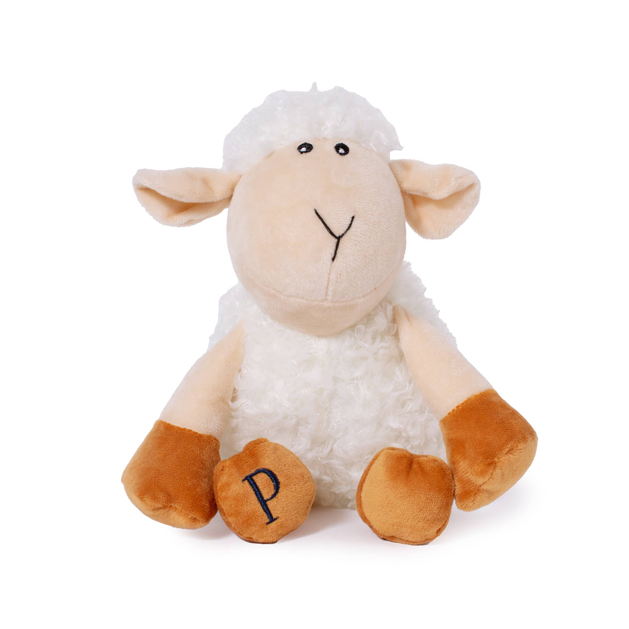 Plush toy sheep dog toy with a white fleece and brown feet on a white background