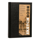 Black sketchbook with wooden cover displaying architectural illustrations and text.