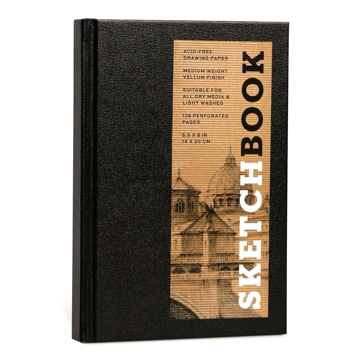 Black sketchbook with wooden cover displaying architectural illustrations and text.