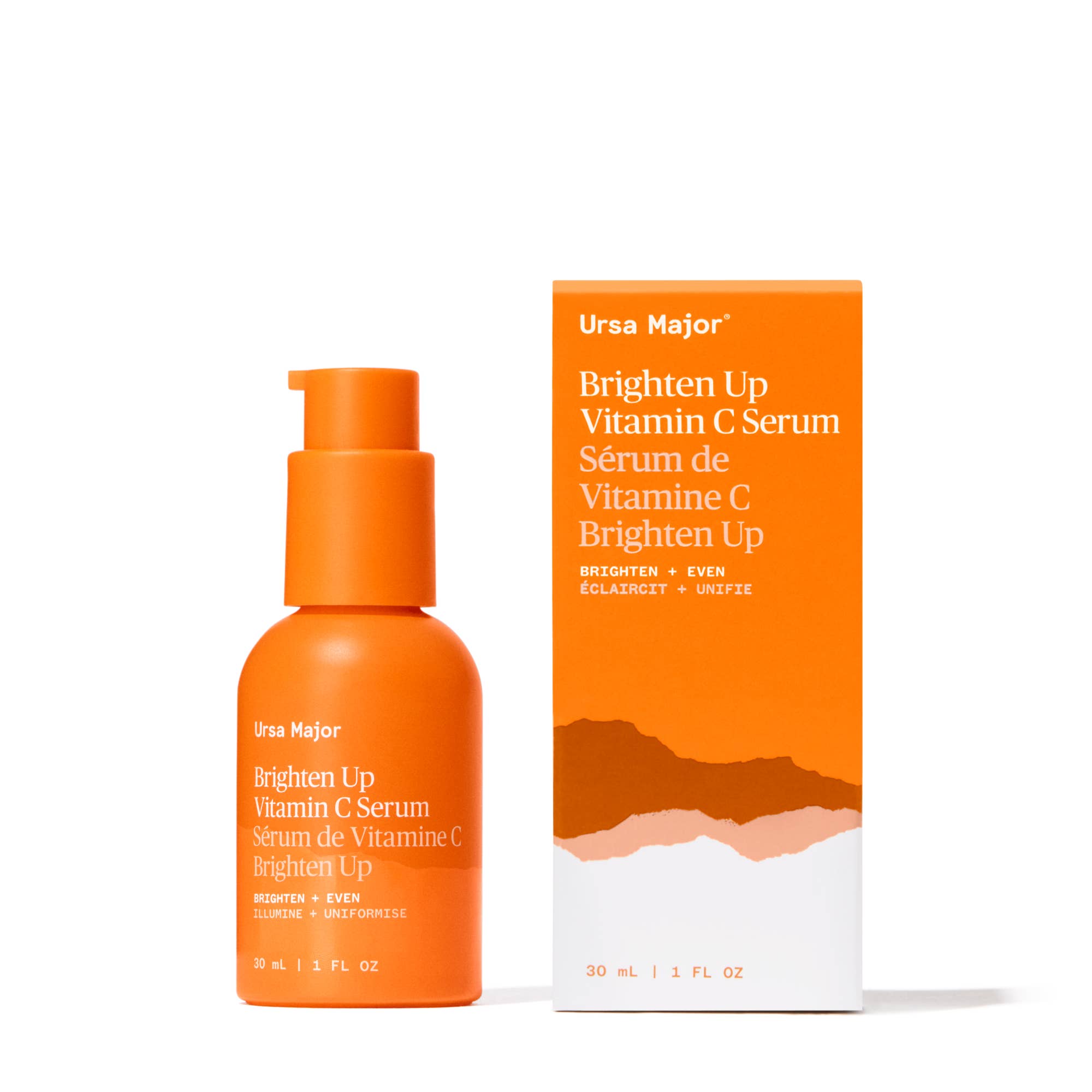 Orange serum bottle and packaging of Ursa Major Brighten Up Vitamin C Serum on a white background