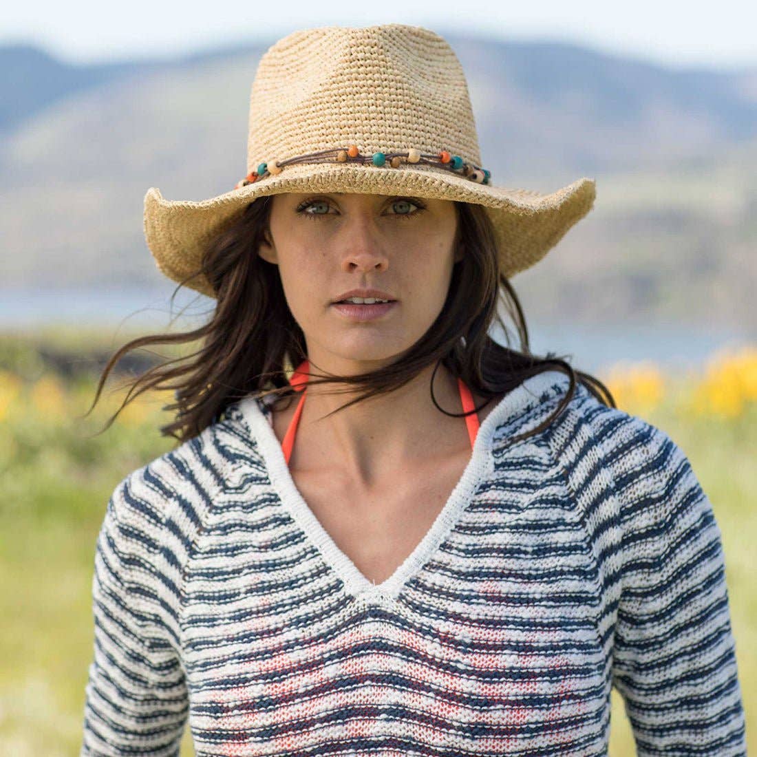 Goldie Sun Hat in Natural on model at the Addison West.