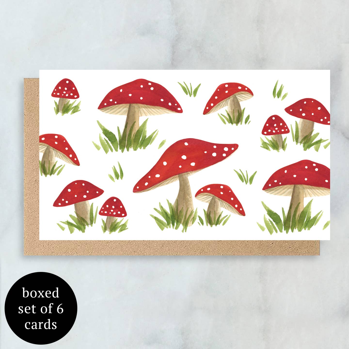 Red and white Mushroom Mini Cards Boxed Set of 6 on a white background