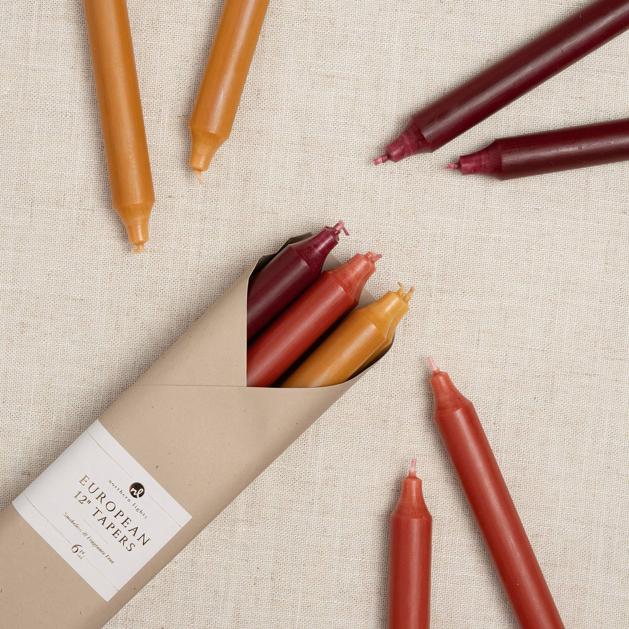 12" Taper Candles in Autumn Harvest, Set of 6 on a white background at Addison West